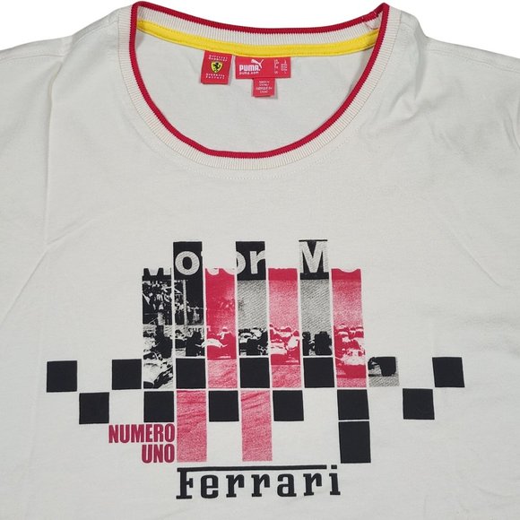 Puma Scuderia Ferrari Numero Uno Mens Lg T-Shirt Cream Checkered Racing Graphic - Picture 3 of 12